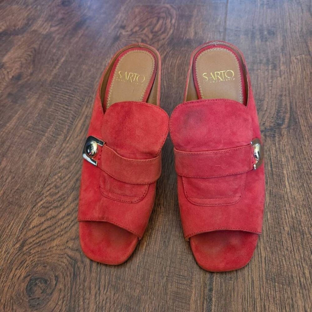Franco Sarto Rosalie Mule Pumps Red Suede Block Heel